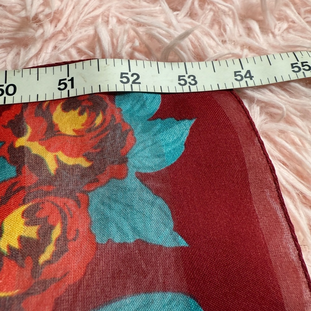 Designer Floral Silk Scarf Red Teal Roses Ribbon Accent - Picture 2 of 5